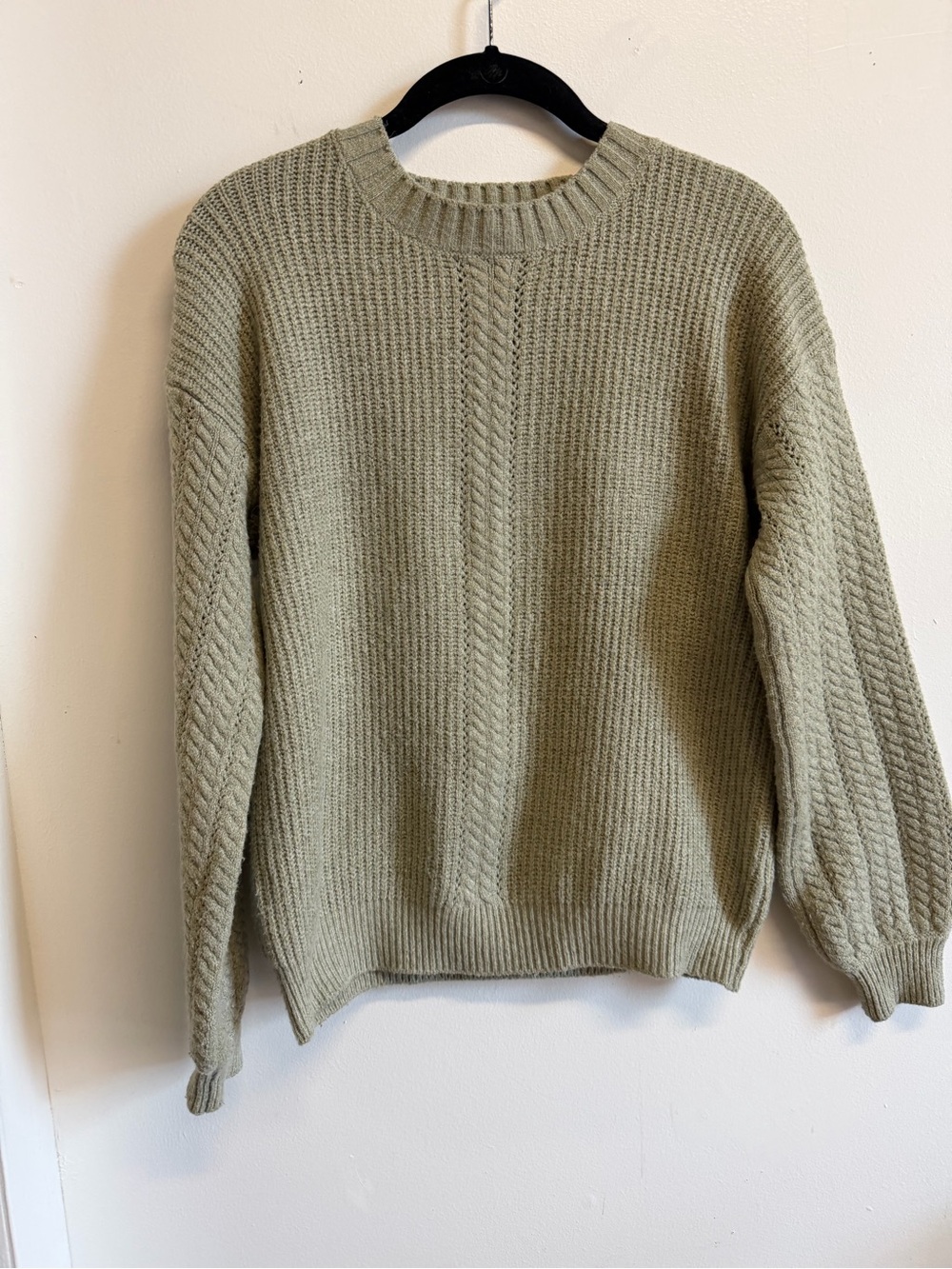 Tahari Sage Green Cable Knit Balloon Sleeve Sweater Small
